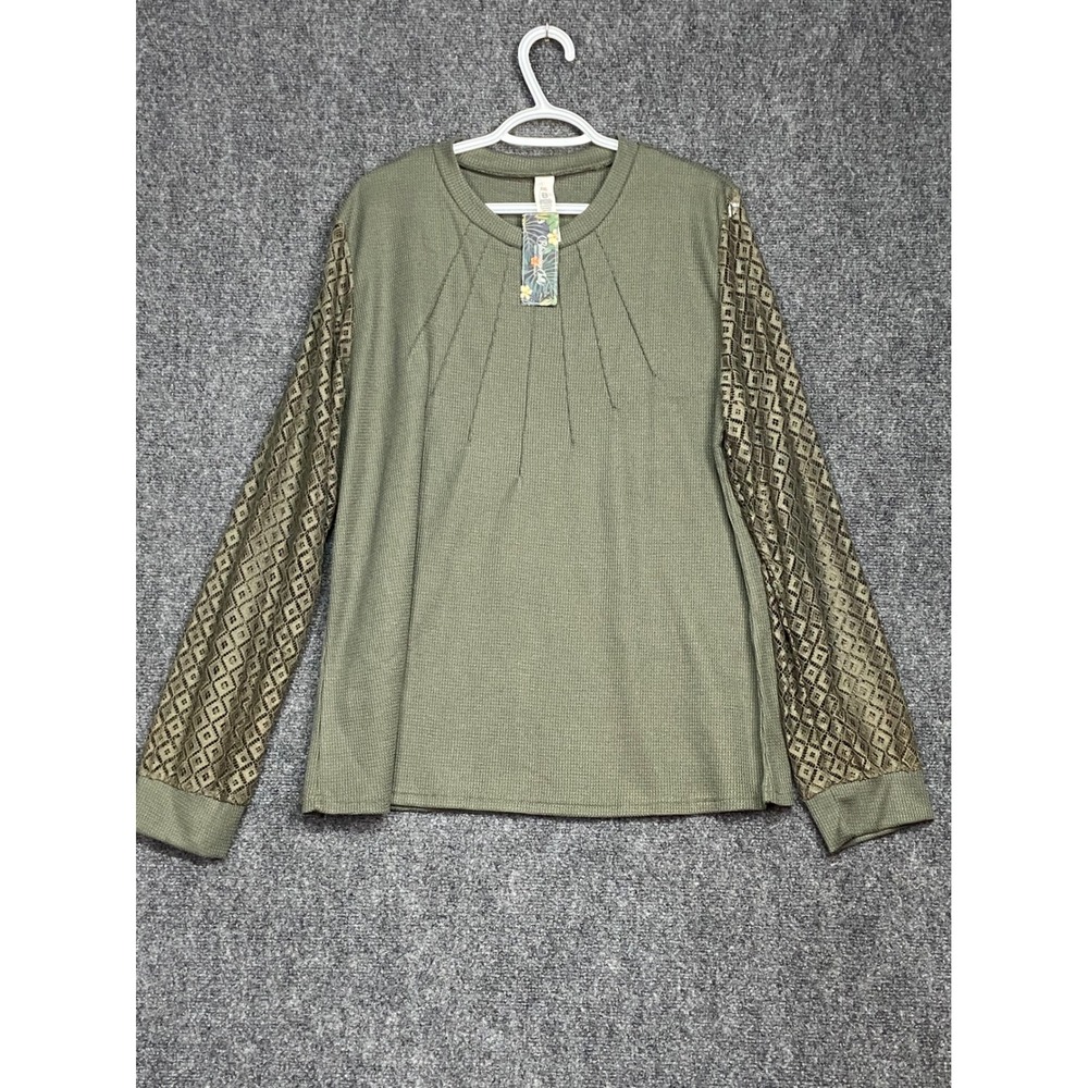 Blooming Jelly Women's XXL Green Long Sleeve Waffle Knit‎ Top with Lace Sleeves